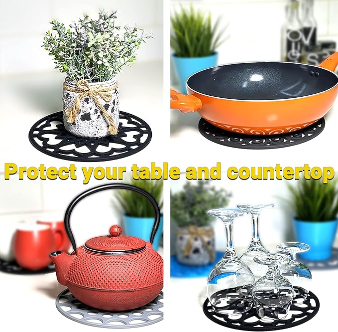 3 Set Silicone Trivet Mats with 1 Extra Large Included | Intricately Carved Insulated Flexible Durable Non Slip Thick Round Premium Trivets for Hot pots and Pans | Gray