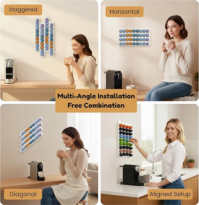 Bamboo Coffee Pod Holder, Adhesive Wall Mount for Cabinet Door, 36-Capsule Storage (Set of 4) — Vertical/Horizontal — Compatible with Nespresso Original Line-White