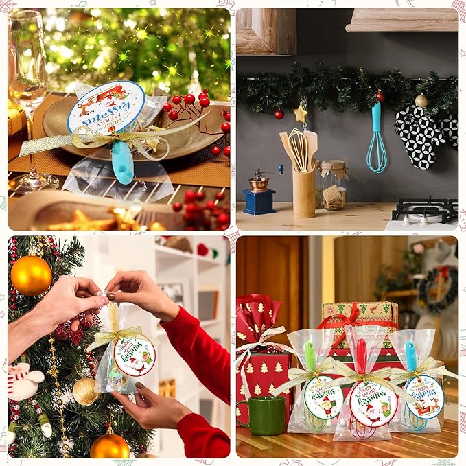 24 Sets 10 Inch Christmas Whisks Gifts Bulk Xmas Colored DIY Fillable Baking Supplies Christmas Tree Ornaments Silicone Whisks with Cards Cooking Egg Beaters Kitchen Favors