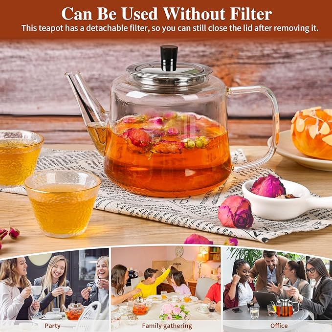 Glass teapot with infuser, Ehugos 1000ml(33oz) Stovetop Safe Hand Crafted Clear Glass Teapot with Removable Infuser for Loose Leaf Tea and Blooming Tea