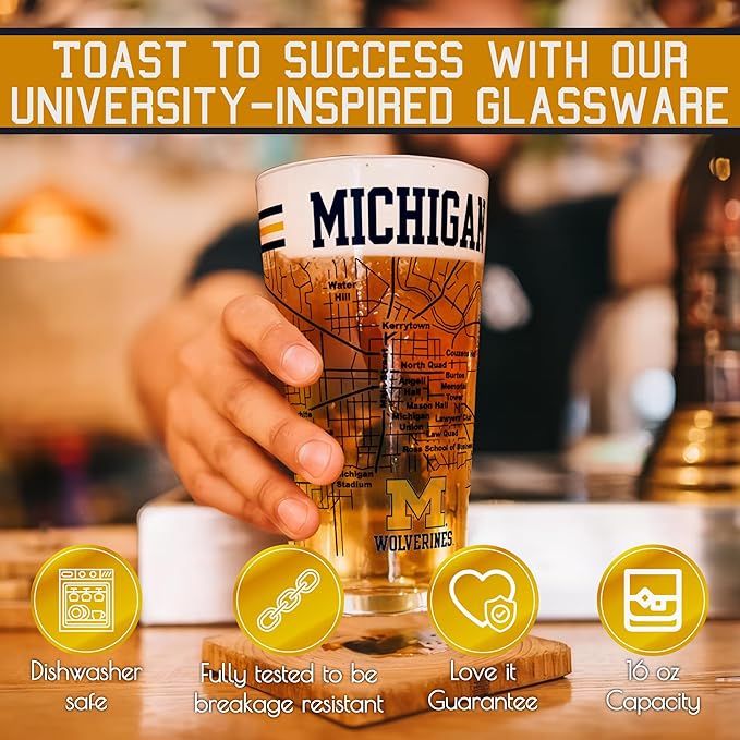Greenline Goods – University of Michigan Wolverines College Pint Beer Glasses (Set of 2), 16 oz – Full‑Color Logo + Campus Map