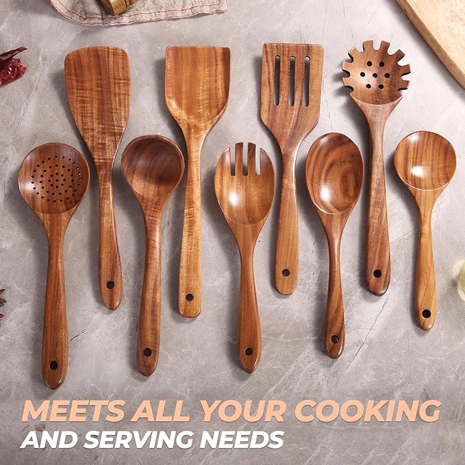 AIUHI Natural Teak Wood Kitchen Utensil Set, 9Pcs Wooden Spoons for Cooking, Cooking Utensils Set for Nonstick Cookware, Durable & Heat Resistant