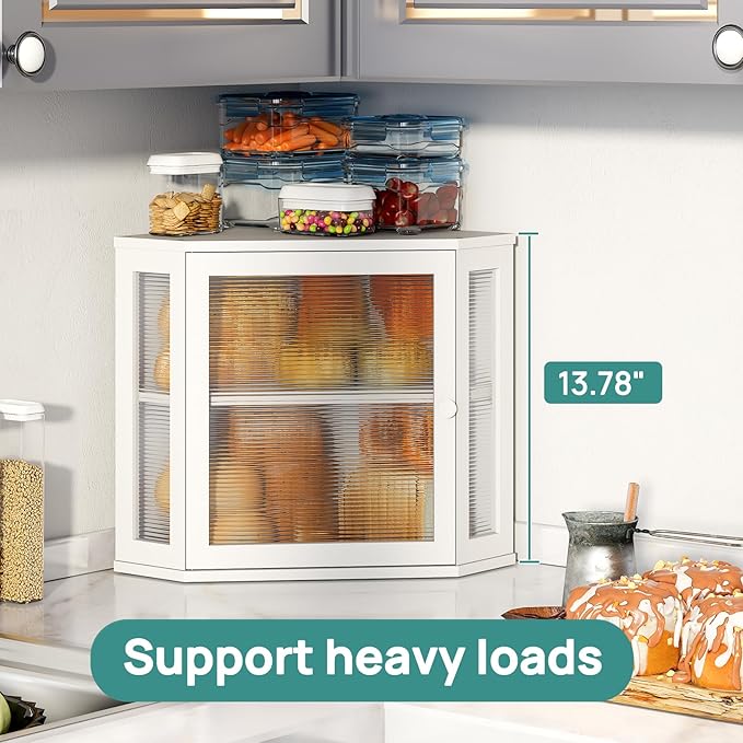 White Bread Box for Kitchen Counter, Bamboo Wood Large Capacity Bread Storage Bin with Acrylic Wavy Door Panel (White, Meduim)