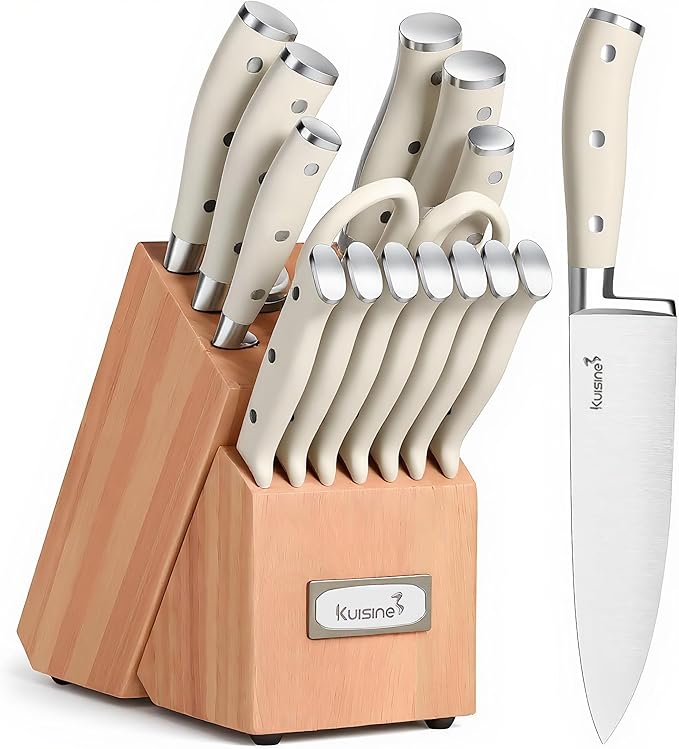 KUISINE Upgraded Knife Set High Carbon Stainless Steel Ultra Sharp Blade Ergonomic Handle,Knife Block Set with Built-in Sharpener(Ivory Acacia,15PCS)