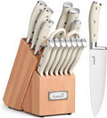 KUISINE Upgraded Knife Set High Carbon Stainless Steel Ultra Sharp Blade Ergonomic Handle,Knife Block Set with Built-in Sharpener(Ivory Acacia,15PCS)