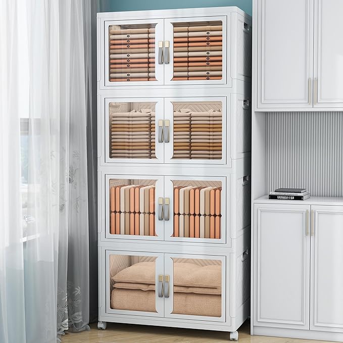 Large Stackable Storage Bins with Lids, 668QT-167QT*4Pack Foldable Cabinet for Closet Organizers, Plastic Storage Containers Box with Wheels