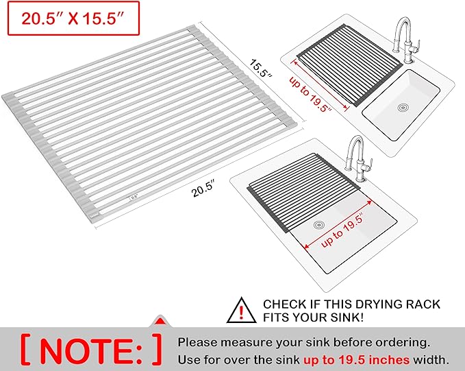Surpahs Roll-Up Dish Drying Rack, Warm Gray, 20.5" x 15.5", Wide Platform, Fits Sinks up to 18.5", Silicone-Coated Stainless Steel