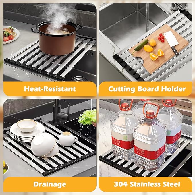 13.8"*12.8" Foldable Dish Drying Rack Thickened & Widened Over Sink Dish Drying Rack High-Temperature Resistant Removable Sink Storage Rack 304 Stainless Steel Drainer for Kitchen and Rv sink