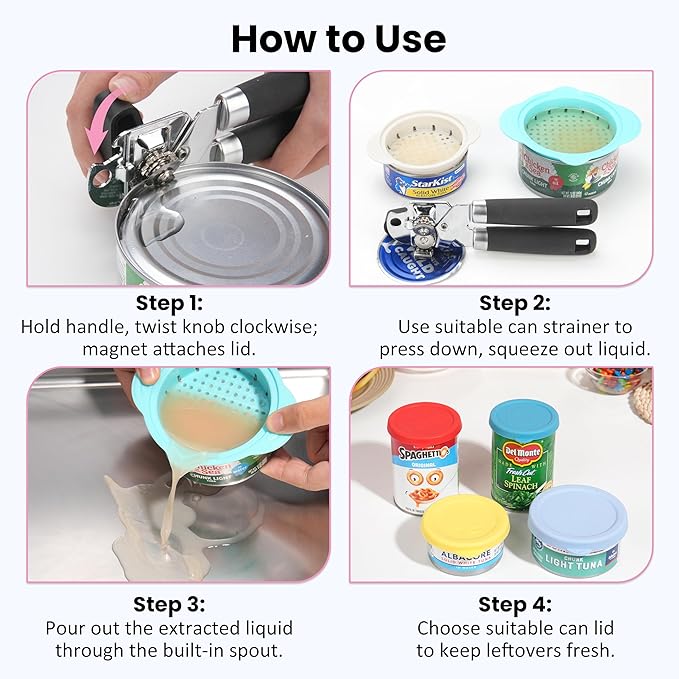 Valuable 7 Pcs Canning Essentials Bundle — 1 Pack Magnetic Can Opener & 2 Packs Can Strainers & 4 Packs Silicone Can Lids, Fit for 3.0''|3.2''|3.5''|4.0-inches Cans, Holiday Kitchen Gadgets