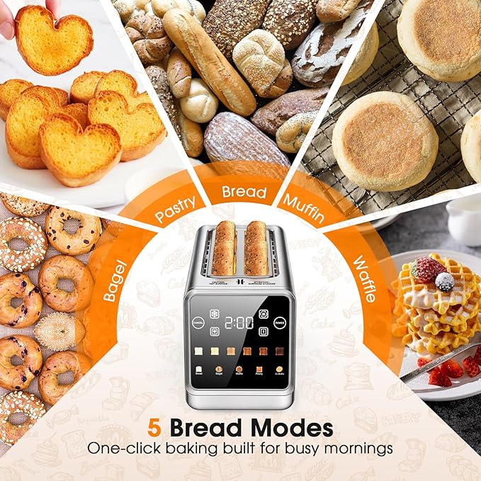 4 Slice Toaster with Smart Digital Touchscreen & 1-Touch Memory | Stainless Steel Long Extra-Wide Slot for Bagels & Artisan Bread | Single-Slice Defrost and Reheat Modes