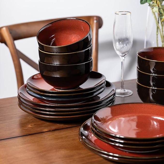 LeRatio Ceramic Dinnerware Sets for 6,Stoneware Plates and Bowls Sets,Handmade Reactive Glaze Dishes Set,Chip Resistant and Scratch Resistant | Oven&Dishwasher & Microwave Safe,Service for 6-Red