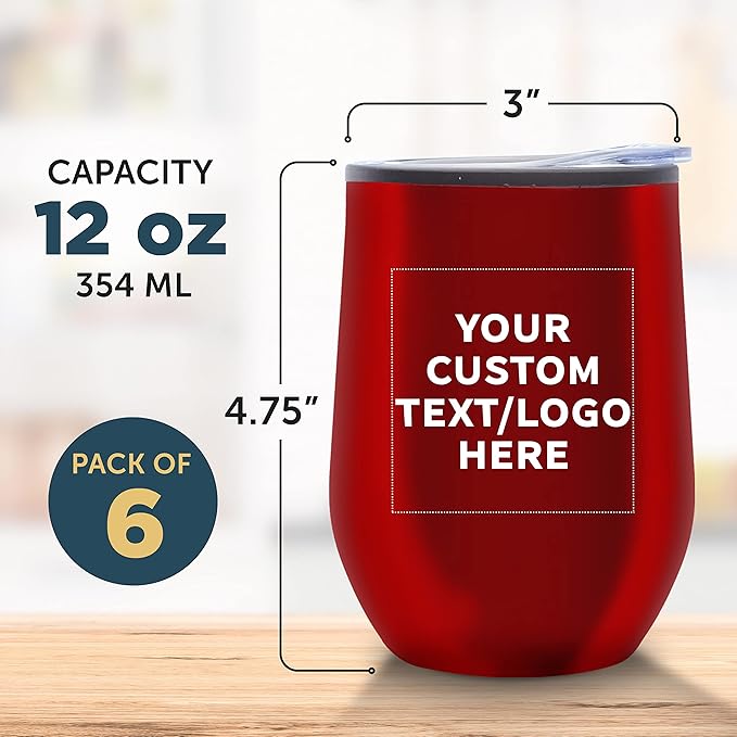 Custom Stemless Wine Tumblers 12 oz. Set of 6, Personalized Bulk Pack - Insulated, Perfect for Wine, Cocktails, Other Hot & Cold Beverages - Red