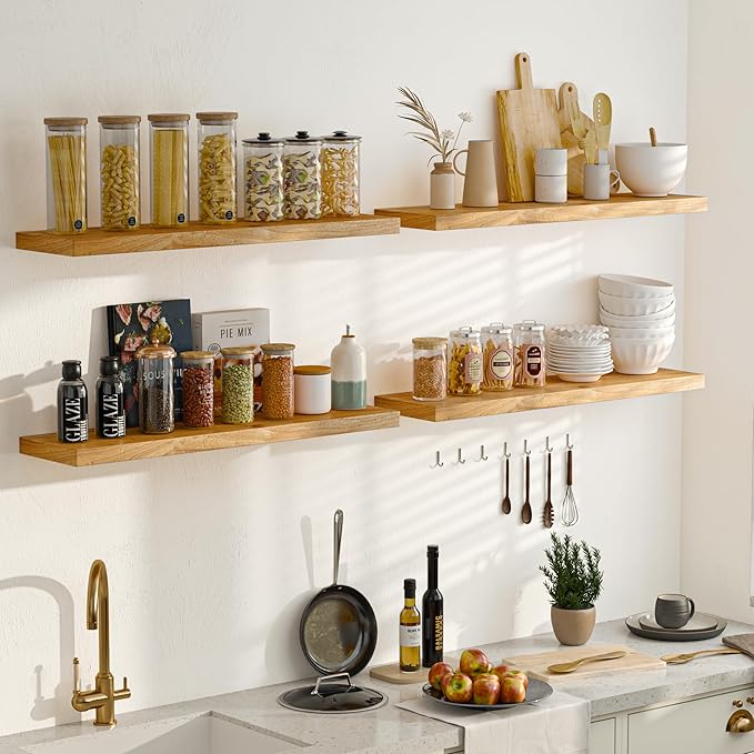 Fun Memories Floating Shelves for Wall Set of 2, Rustic Solid Elm Wood Wall Shelves 32 Inch - Invisible Bracket Mount for Living Room, Bathroom, Bedroom, Kitchen, Natural