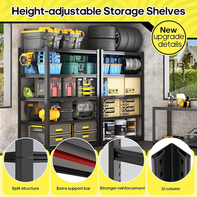 5 Tier Adjustable Metal Shelving Storage Rack,Storage Shelves,59.8" Wx24 Dx76.6 H Garage Shelving Heavy Duty,Industrial Shelving Unit for Basement,Warehouse,Garage Organization.1 Pack