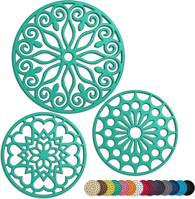 3 Set Silicone Trivet Mats with 1 Extra Large Included | Intricately Carved Insulated Flexible Durable Non Slip Thick Round Premium Trivets for Hot pots and Pans | Mint Green