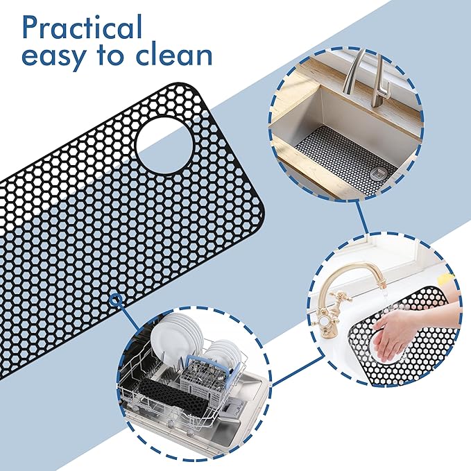 Silicone Sink Protectors for Kitchen Sink - 28.4"x 14.3" Kitchen Protector Accessory, Non-Slip Heat Resistant Mat for Bottom of Farmhouse Porcelain Stainless Steel(Top Right Drain Hole,Black)