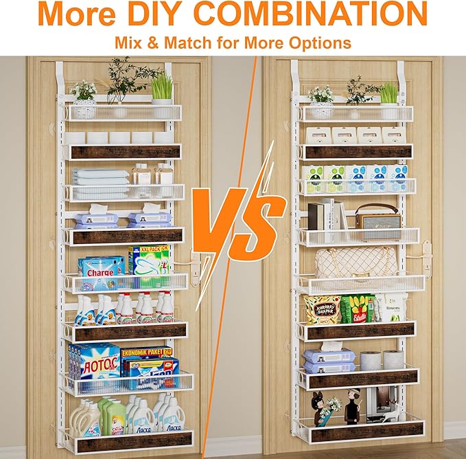 Over The Door Pantry Organizer,8 Tier Hanging Door Spice Rack with Adjustable Wood Basket and Acylic Basket,Metal Heavy Duty Wall Mounted Door Storage Shelf for Kitchen Pantry and Bathroom
