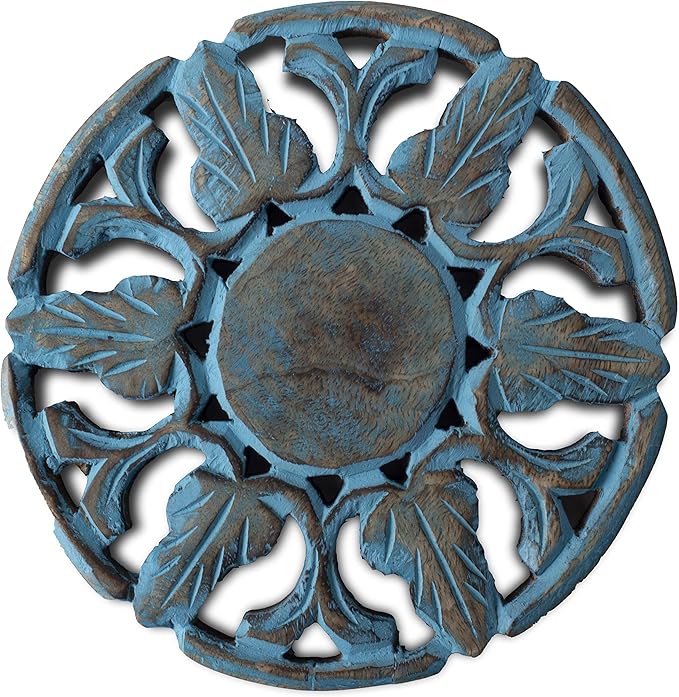 Handmade Wooden Trivet for Hot Dishes Plates & Pots Holder Hot Pad for Kitchen & Dining Table Decor Cookware Heat Resistant Rustic Decorative Carvings Tabletop Home & Dining Table Essentials (Blue)
