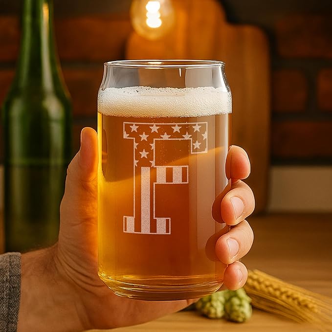 Monogram Beer Glasses for Men (A-Z) 16 oz - Beer Gifts for Men Brother Son Dad Neighbor - Unique Gifts for Him - Personalized Drinking Gift Beer Glass Mugs - Engraved Beer Can Glass (F)