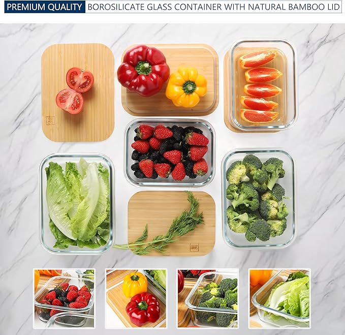 DE Glass Food Storage Containers with Bamboo Lids – 4 Pack (12oz/21oz/35oz/51oz) – BPA-Free Borosilicate Glass Meal Prep Boxes – Oven, Microwave, Freezer Safe – Stackable & Airtight