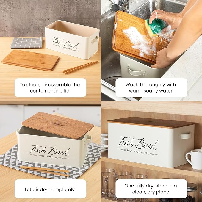 Talented Kitchen Countertop Bread Box - White Metal, Airtight Storage Container with Wood Cutting Board Lid & Side Handles - Wood Tongs Included - Bread Storage Container for Kitchen Organization