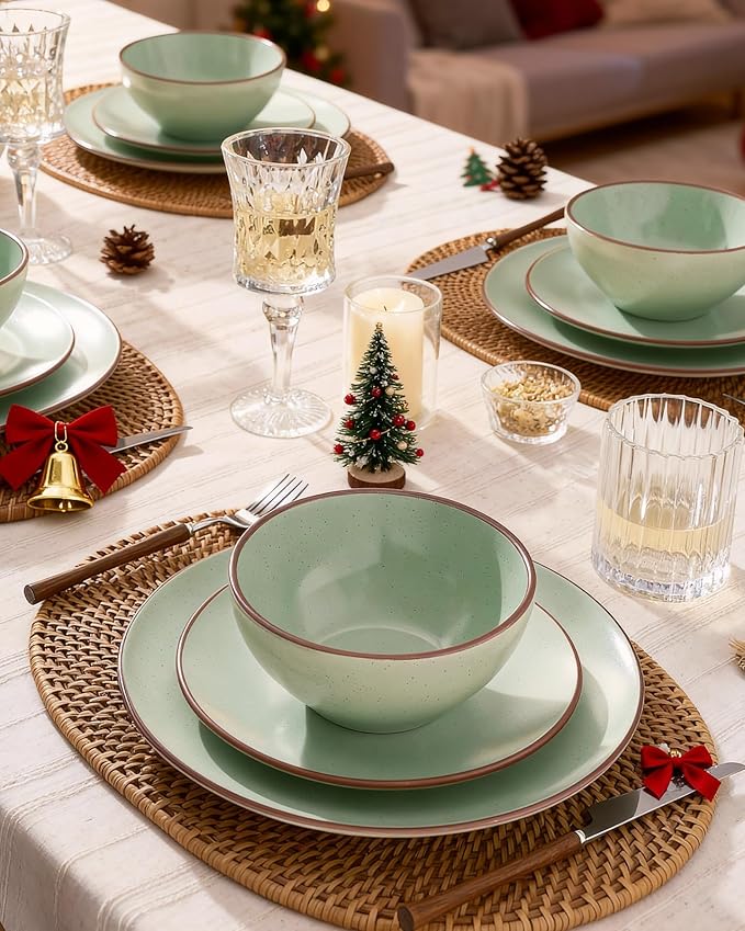 Famiware Venus Ceramic Plates and Bowls Sets, Speckled Dinnerware Dish Sets for 8 (24 Pieces) - Microwave and Dishwasher Safe, Matte Light Green