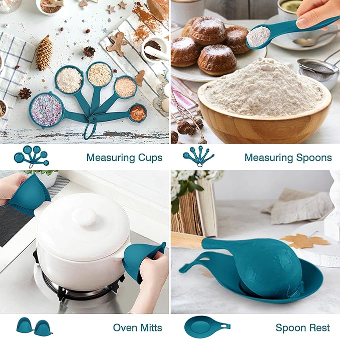 LIANYU 38 Pcs Kitchen Cooking Utensils Set with Holder, Heat Resistant Silicone Kitchen Utensil Spatula Set, Kitchen Gadgets Tools Set for nonstick Cookware Set, Wooden Handle, Blue