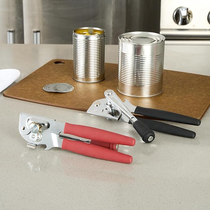 Restaurantware Stainless Steel Magnetic Manual Can Opener - 6 Pack - German Standard Red Crank Can Opener with Magnet, Ergonomic Handles, Non-Slip - Heavy-Duty Hand Can Opener, Easy Turn, Sharp Blade