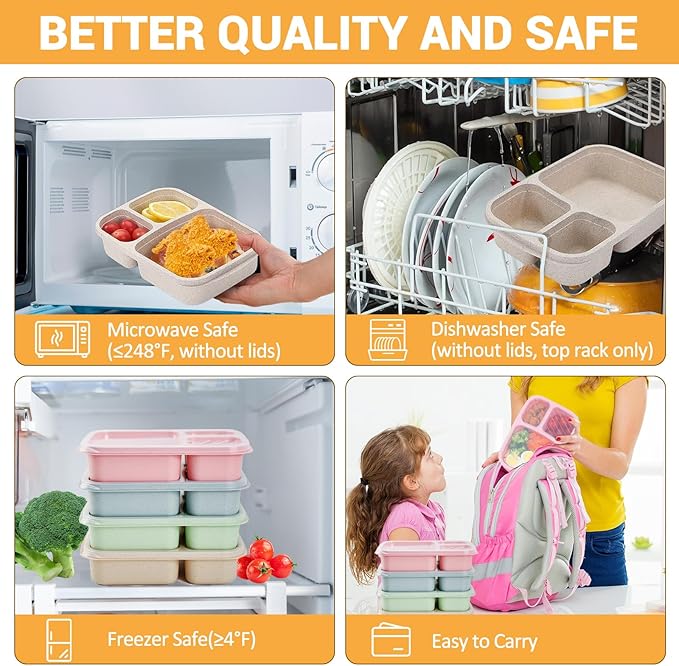 4 Pack Bento Box for Adults, 3-Compartment Wheat Straw Food Storage Containers, Meal Prep Lunch Box Microwave and Dishwasher Safe, Suitable for Office and Outdoor