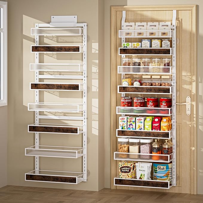 Over The Door Pantry Organizer,8 Tier Hanging Door Spice Rack with Adjustable Wood Basket and Acylic Basket,Metal Heavy Duty Wall Mounted Door Storage Shelf for Kitchen Pantry and Bathroom