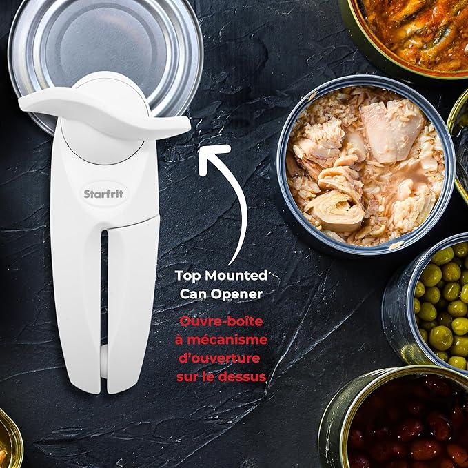 Starfrit Little Beaver Can Opener - Safe - Holds and Leaves No Sharp Edges on Lid - Comfort Grip - 3 year warranty - Red