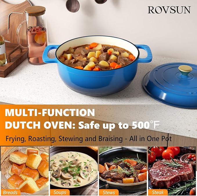 ROVSUN Enameled Cast Iron Round Dutch Oven, 6QT Pot with Lid &Dual Handles with Silicone Gloves,Oven Safe up to 500°F, Heavy-Duty Pre-Seasoned Cookware for Bread Baking, Braising, Stews, Roasting, Blue