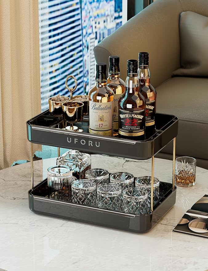 Countertop Coffee Station Organizer, 2 Tier Wine Glass Holder, Mug Display Shelf with Removable Drain Tray, Spice & condiment Rack for Kitchen, Bathroom Countertop Organizer, Black