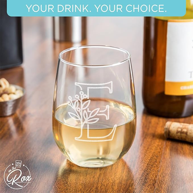 On The Rox Drinks Monogrammed Gifts For Women and Men - Letter A-Z Initial Engraved Monogram Stemless Wine Glass - 17 Oz Personalized Wine Gifts For Women and Men (E)