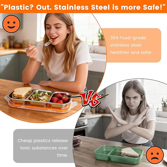 Bandesun Stainless Steel Snack Containers for Kids & Adults, 1 Pack Leek Proof Metal Bento Lunch Box with lids, Lunchable Containers for Travel, School, Home - Stackable Bento Snack Box