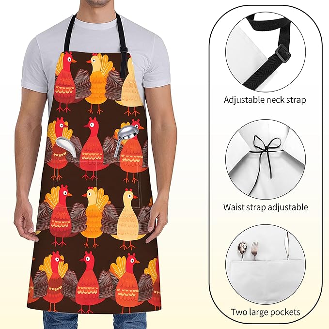 Festive Fall Apron for Women with Turkey,28x33in,Thanksgiving Chicken Kitchen Aprons with 2 Pockets,Oxford Fabric,Holiday Adjustable Apron for Cooking Baking Gardening Chef,Gifts