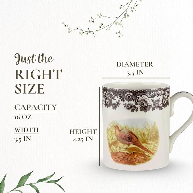 Spode Woodland Pheasant 16 oz Mug - Fine Porcelain Rustic Drinkware with Historic Brown Floral Border, Microwave, Oven, Freezer & Dishwasher Safe - British Country Style for Fall and Thanksgiving Use