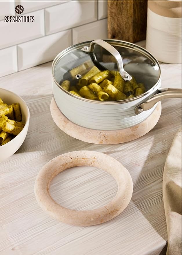 Marble Trivets for Dining Table Set of 2 Handmade Beige Stone Pot Holders for Kitchen Decor & Accessories - Modern Trivet for Hot Dishes, Hotpot, Dish, Pan & Plate