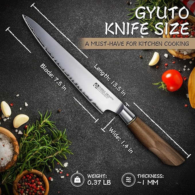Purple Dragon Gyuto Chef Knife 7.5 Inch, German Vg10 Steel Ultra Sharp Kitchen Knife for Cutting Slicing, Meat Cleaver, Ergonomic Wooden Handle Christmas Gift for Men and Women