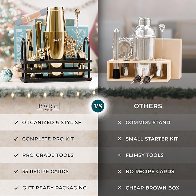 BARE BARREL® Mixology Bartender Kit Bar Set | 14-Piece Cocktail Shaker Set | Martini Barware Mixing Tools for Home Bartending | 35 Recipe Cards | Gift Set (28oz Boston Shaker, Gold/Black)