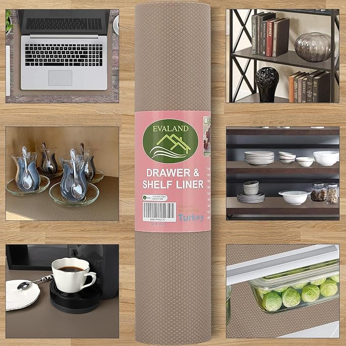EVALAND Shelf Liners for Kitchen Cabinets Non-Adhesive 17.7" x 33 FT Beige Drawer Liner Non Slip, Washable Cabinet Liner, Waterproof Shelf Liners for Cabinets, Refrigerator Bathroom Pantry Cabinet Mat