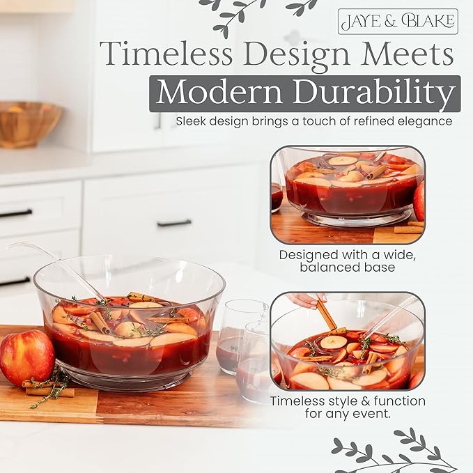 JAYE & BLAKE Premium Acrylic Punch Bowl with Ladle | 12”W x 6”H Clear Design Glass Like Quality & Durable Acrylic Bowls | 1.5 Gallon (6 quarts) Punch Bowl For Parties, Holidays, Schools, Halloween