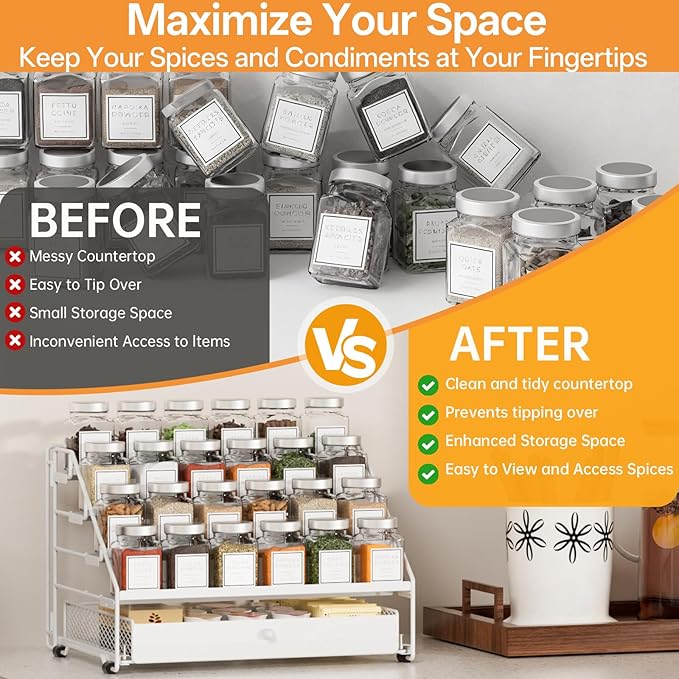 Spice Rack Organizer with Drawer: 5 Tier Spice Organization for Cabinet, Depth Adjustable Metal Shelf for Kitchen Countertop, Cupboard, Pantry, Holds Seasoning and Condiments (White)