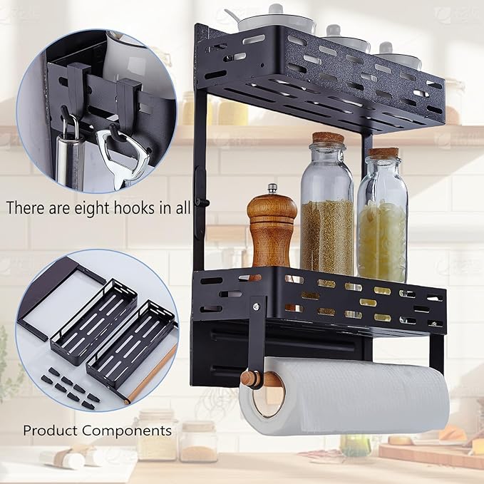 Magnetic Spice Rack for Refrigerator, Magnetic Shelf for Fridge Moveable Magnetic Paper Towel Holder Metal Fridge Magnet Orqanizer 8 Hooks for Kitchen Space Saving