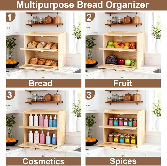 Wooden Bread Box for Kitchen Countertop Large Capacity Corner Bread Box Bread Storage Container with Clear Acrylic Window