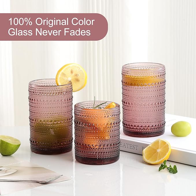 Vintage Glassware Drinking Glasses Set of 12,Purple 12oz & 15oz Hobnail Glass Cups,Embossed Water Tumbler,for Beer,Cocktail,Whiskey,Juice and Various Mixed Drinks- 1 Cleaning Brush
