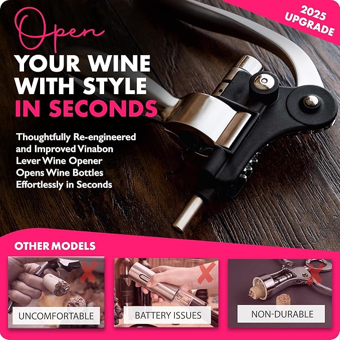 VINABON Wine Opener Set - Premium 2025 All-in-One Wine Bottle Opener Set with Wine Aerator, Foil Cutter, Stopper, Stand - Manual Lever Corkscrews Wine Opener for Wine Bottles with WineGuide eBook