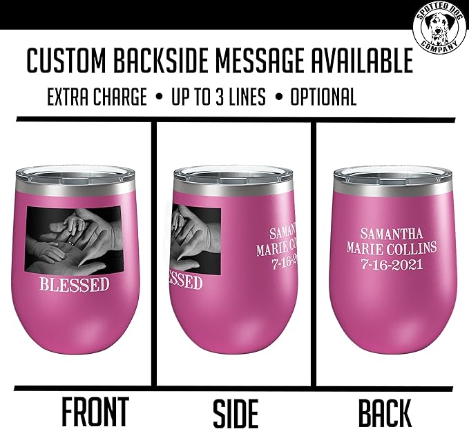 Personalized Mothers Day 12oz Photo Printed Insulated Stainless Steel Powder Coated Stemless Wine Tumbler with Lid, Customized Mum Gift Idea for Women Her, Custom Mom Coach Gifts Team (Pink)