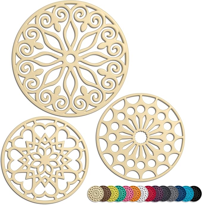 3 Set Silicone Trivet Mats with 1 Extra Large Included | Intricately Carved Insulated Flexible Durable Non Slip Thick Round Premium Trivets for Hot pots and Pans | Beige Milkshake (Faded Yellow)
