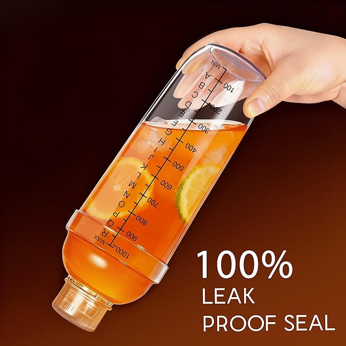 Plastic Cocktail Shaker with Measuring Scale 33oz (1000ml), Leak-Proof & Shatter-Resistant Drink Mixer for Bartending, Protein Shakes, Iced Coffee & Milk Tea